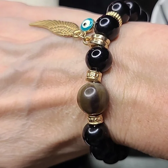 Bracelet Black Beads Gold Tone Angel Wing Evil Eye Blue White Protection Unique - Picture 4 of 5